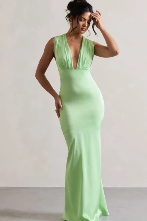 Azzara | Light Green Satin Ruched V-Neck Maxi Dress