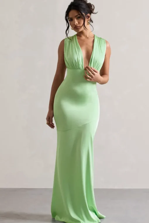 Azzara | Light Green Satin Ruched V-Neck Maxi Dress