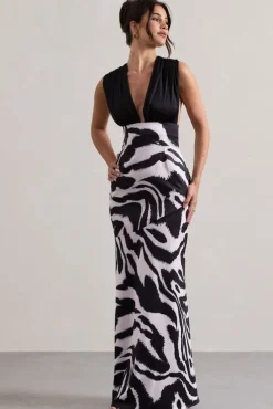 Azzara | Zebra Print Satin Ruched V-Neck Maxi Dress