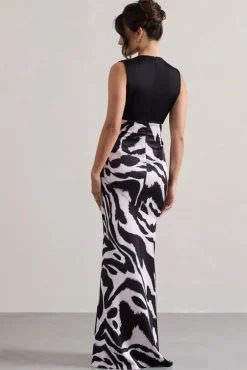 Azzara | Zebra Print Satin Ruched V-Neck Maxi Dress