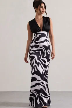 Azzara | Zebra Print Satin Ruched V-Neck Maxi Dress