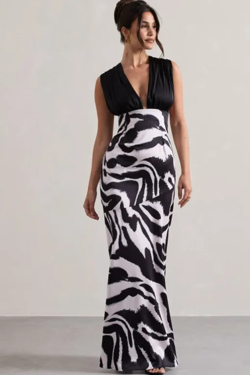 Azzara | Zebra Print Satin Ruched V-Neck Maxi Dress