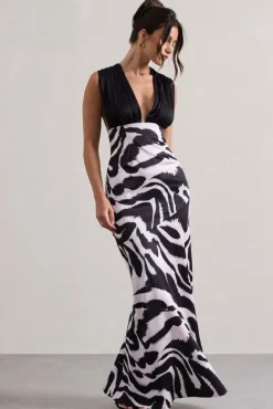 Azzara | Zebra Print Satin Ruched V-Neck Maxi Dress