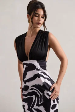Azzara | Zebra Print Satin Ruched V-Neck Maxi Dress