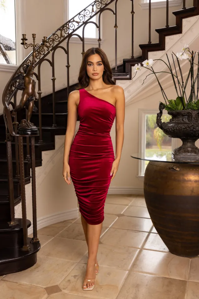 Back For More | Berry One Shoulder Ruched Midi Dress