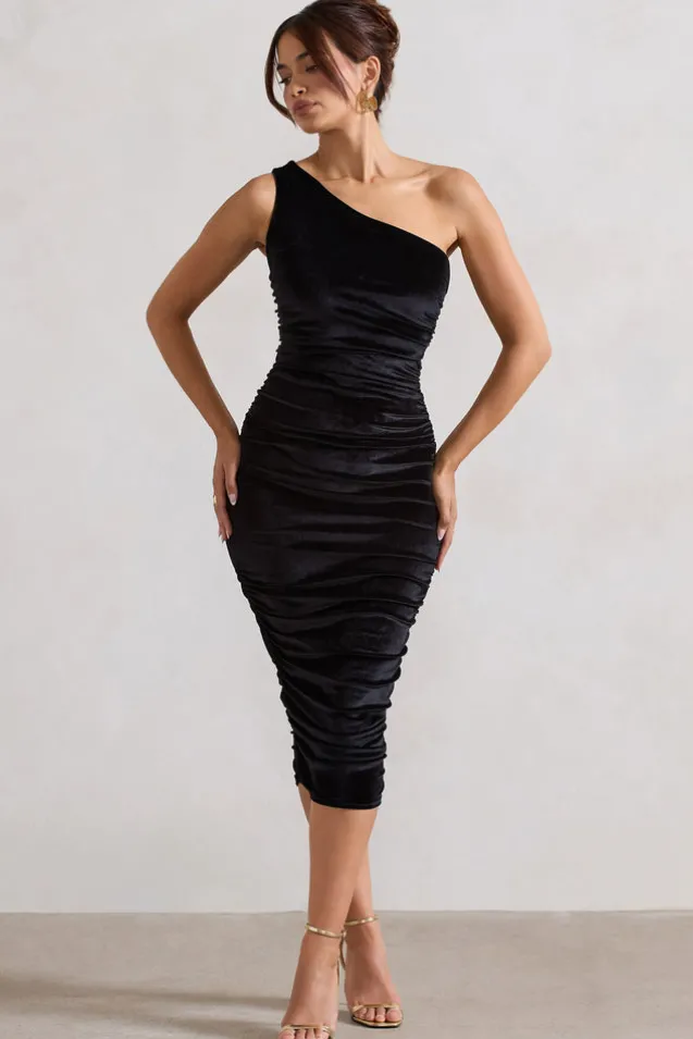 Back For More | Black Velvet One Shoulder Ruched Midi Dress