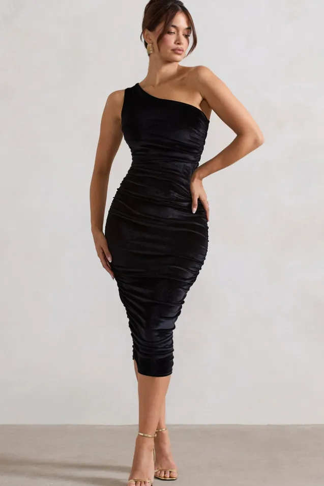 Back For More | Black Velvet One Shoulder Ruched Midi Dress