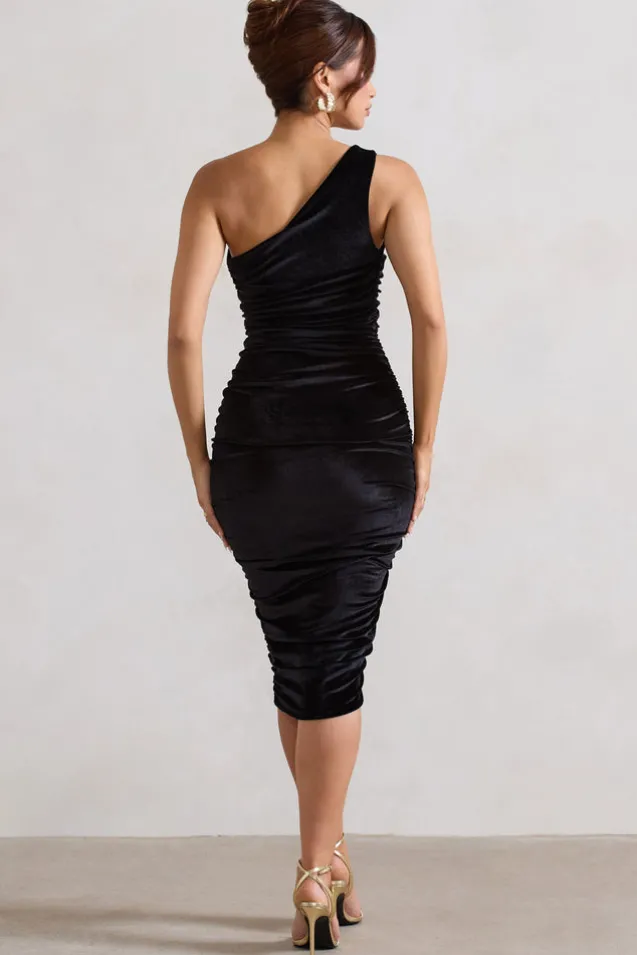 Back For More | Black Velvet One Shoulder Ruched Midi Dress
