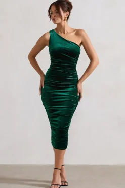 Back For More | Bottle Green Velvet One Shoulder Ruched Midi Dress