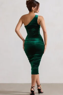 Back For More | Bottle Green Velvet One Shoulder Ruched Midi Dress