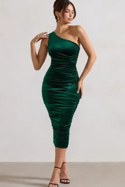 Back For More | Bottle Green Velvet One Shoulder Ruched Midi Dress