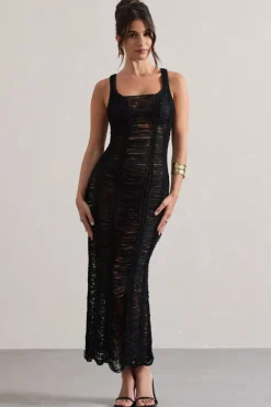 Bahama | Black Crochet Square-Neck Maxi Dress