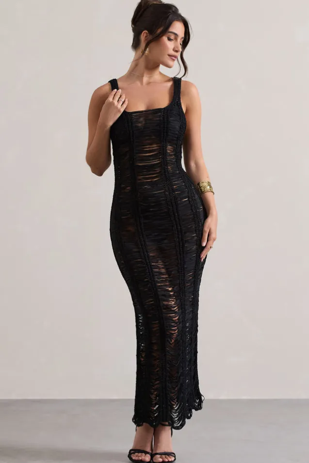 Bahama | Black Crochet Square-Neck Maxi Dress