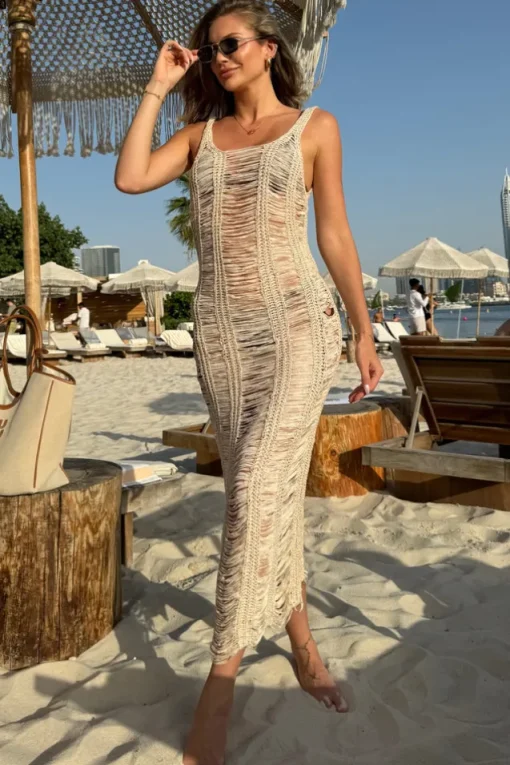 Bahama | Sand Crochet Square-Neck Maxi Dress