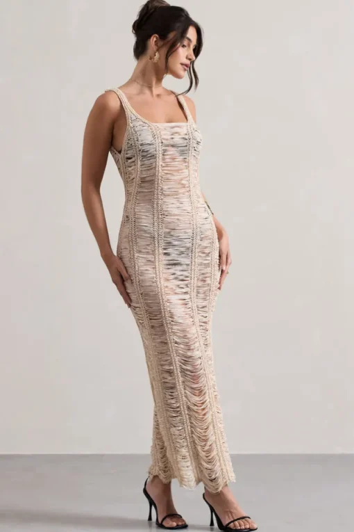 Bahama | Sand Crochet Square-Neck Maxi Dress