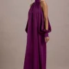 Baila | Mulberry Satin High-Neck Cape-Sleeve Maxi Dress