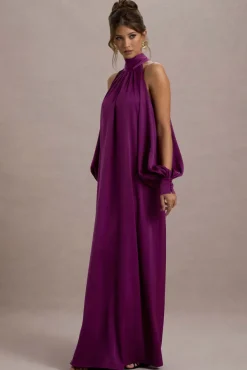 Baila | Mulberry Satin High-Neck Cape-Sleeve Maxi Dress