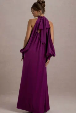 Baila | Mulberry Satin High-Neck Cape-Sleeve Maxi Dress