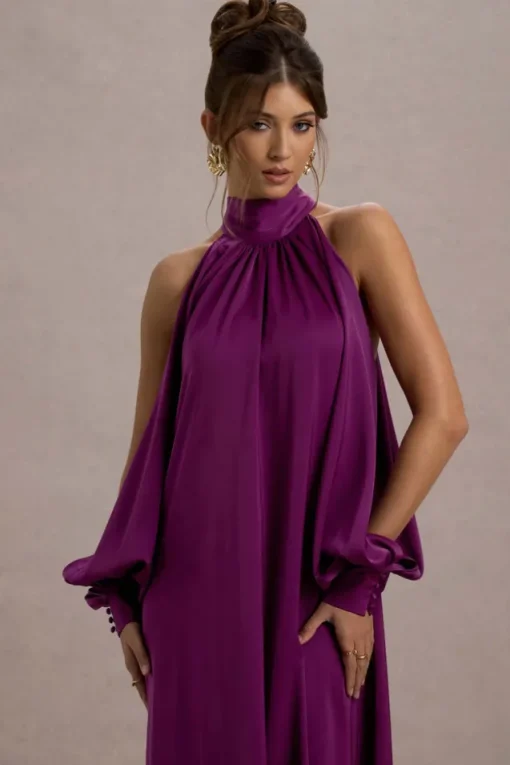 Baila | Mulberry Satin High-Neck Cape-Sleeve Maxi Dress