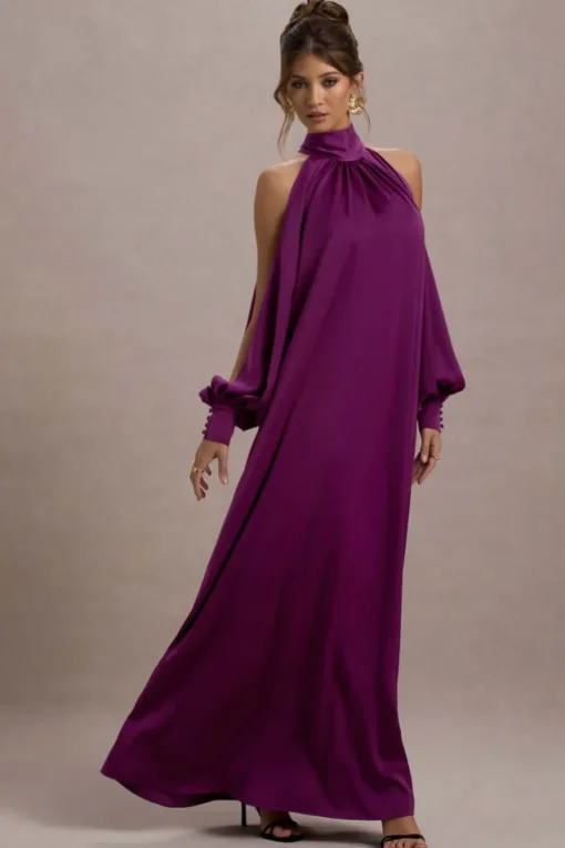 Baila | Mulberry Satin High-Neck Cape-Sleeve Maxi Dress