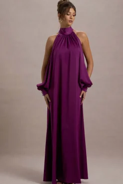 Baila | Mulberry Satin High-Neck Cape-Sleeve Maxi Dress