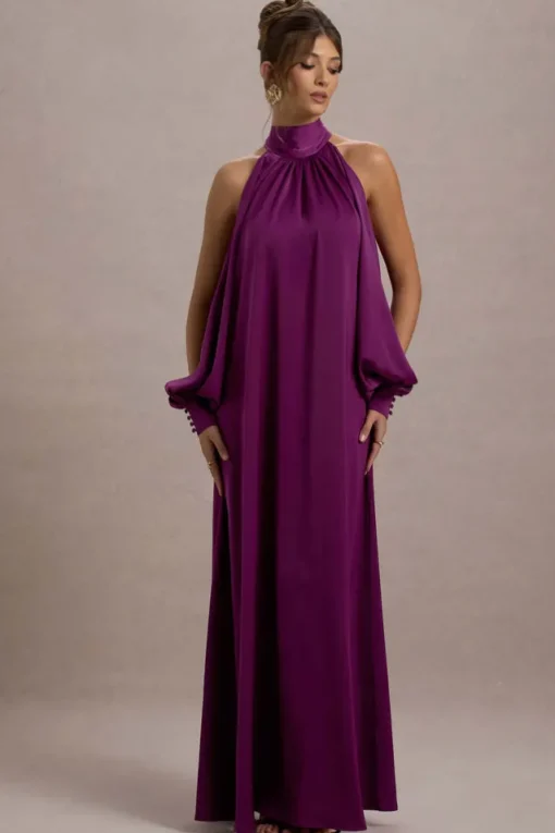 Baila | Mulberry Satin High-Neck Cape-Sleeve Maxi Dress