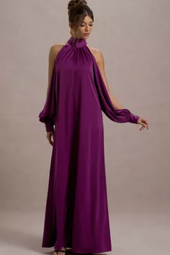Baila | Mulberry Satin High-Neck Cape-Sleeve Maxi Dress