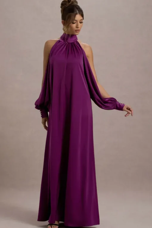 Baila | Mulberry Satin High-Neck Cape-Sleeve Maxi Dress