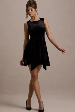 Baker | Black Velvet Draped-Hem Mini Dress