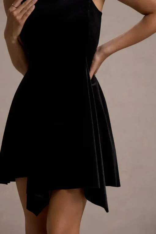 Baker | Black Velvet Draped-Hem Mini Dress