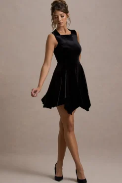 Baker | Black Velvet Draped-Hem Mini Dress