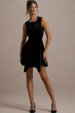 Baker | Black Velvet Draped-Hem Mini Dress