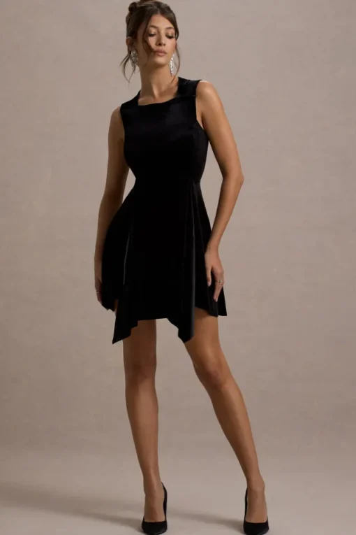 Baker | Black Velvet Draped-Hem Mini Dress