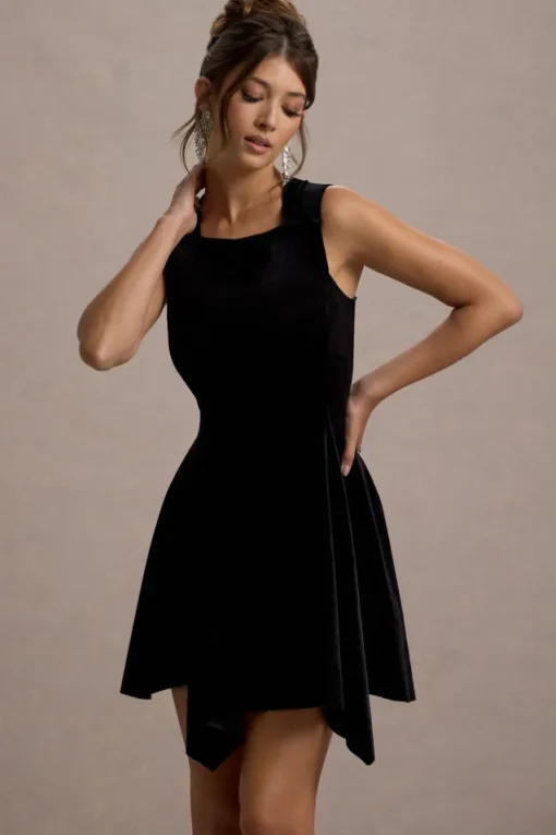 Baker | Black Velvet Draped-Hem Mini Dress