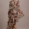 Begonia | Cream Floral Print High-Neck Tiered Chiffon Maxi Dress