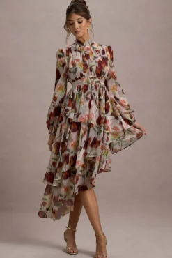Begonia | Cream Floral Print High-Neck Tiered Chiffon Maxi Dress