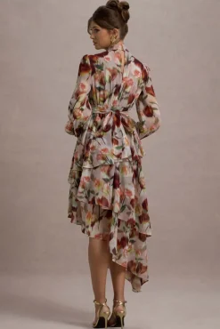 Begonia | Cream Floral Print High-Neck Tiered Chiffon Maxi Dress