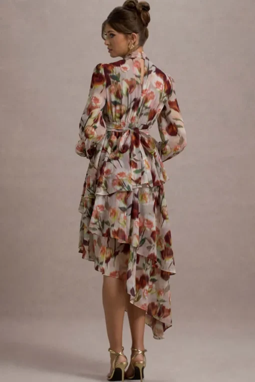 Begonia | Cream Floral Print High-Neck Tiered Chiffon Maxi Dress