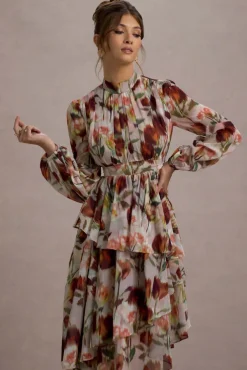 Begonia | Cream Floral Print High-Neck Tiered Chiffon Maxi Dress