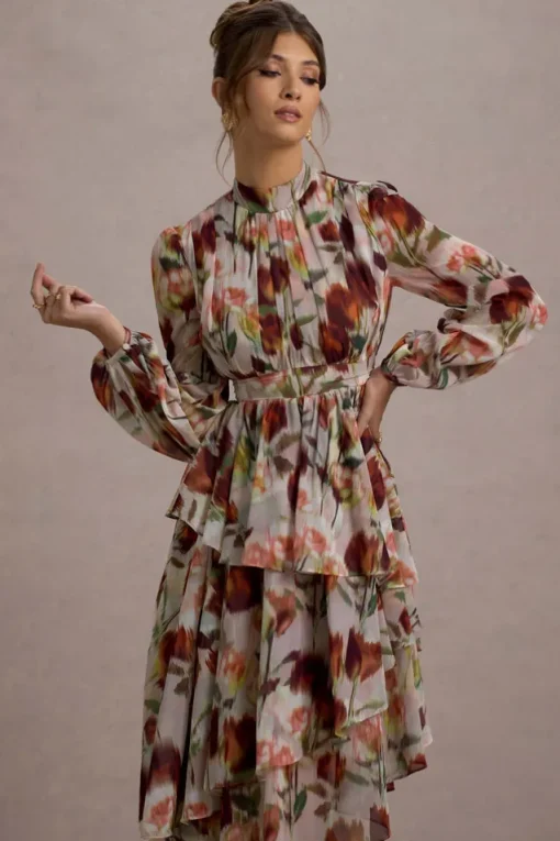 Begonia | Cream Floral Print High-Neck Tiered Chiffon Maxi Dress