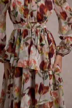 Begonia | Cream Floral Print High-Neck Tiered Chiffon Maxi Dress