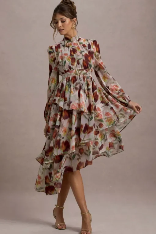 Begonia | Cream Floral Print High-Neck Tiered Chiffon Maxi Dress