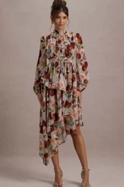 Begonia | Cream Floral Print High-Neck Tiered Chiffon Maxi Dress