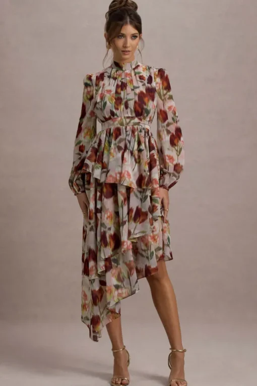 Begonia | Cream Floral Print High-Neck Tiered Chiffon Maxi Dress