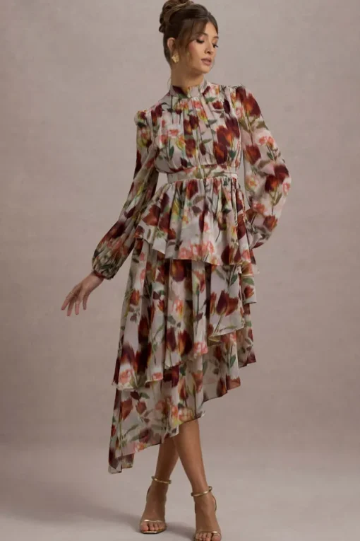 Begonia | Cream Floral Print High-Neck Tiered Chiffon Maxi Dress