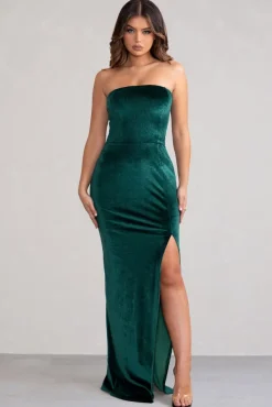 Belle Of The Ball | Bottle Green Velvet Bandeau Maxi Dress With Split Hem