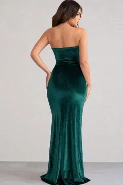 Belle Of The Ball | Bottle Green Velvet Bandeau Maxi Dress With Split Hem