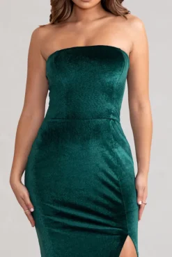 Belle Of The Ball | Bottle Green Velvet Bandeau Maxi Dress With Split Hem
