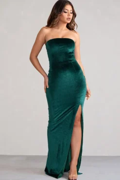 Belle Of The Ball | Bottle Green Velvet Bandeau Maxi Dress With Split Hem