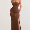 Belle of The Ball | Brown Bandeau Maxi Dress With Split Hem